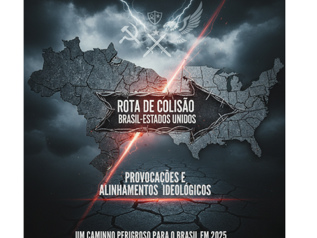 Montagem dramática intitulada 'Rota de Colisão Brasil-Estados Unidos'. A imagem mostra um mapa estilizado da América do Sul (Brasil) em uma textura rachada à esquerda, e um mapa dos Estados Unidos com a mesma textura rachada à direita. Ambos estão separados por uma linha de arame farpado central com uma seta apontando para a direita, contendo o texto 'ROTA DE COLISÃO BRASIL-ESTADOS UNIDOS'. No fundo, um céu tempestuoso com raios, e símbolos ideológicos (foice e martelo comunista à esquerda e uma águia militarista à direita) separados por um raio vermelho. Abaixo, os subtítulos 'PROVOCAÇÕES E ALINHAMENTOS IDEOLÓGICOS' e 'UM CAMINHO PERIGOSO PARA O BRASIL EM 2025' sobre um solo de terra seca e rachada.