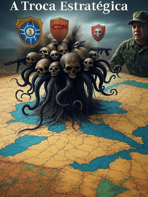 Imagem ilustrativa que mostra um mapa do Brasil com rachaduras, simbolizando um vácuo de poder na segurança nacional. Da rachadura, emergem ameaças como crime organizado, grupos radicais e ONGs estrangeiras. Um militar observa a cena, enquanto o escudo do antigo CSN se desintegra, representando o enfraquecimento das Forças Armadas após a troca pelo CDN. O título do artigo, "A Troca Estratégica", está em destaque.