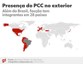 Mapa mundial com presença do PCC em 28 países, ilustrando sua estrutura como potência criminal multinacional.