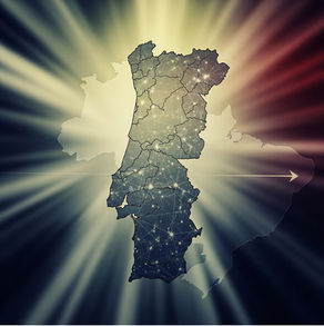 Imagem estilizada de um mapa de Portugal e parte do Brasil, com Portugal em destaque no centro. O mapa de Portugal é representado por uma rede de linhas e pontos brilhantes, formando uma espécie de conectividade digital, com tons de cinza, azul e branco. Uma seta branca aponta para a direita, indicando a direção de Espanha, que aparece em tons mais claros e difusos. O fundo apresenta um efeito de luz radiante em tons de amarelo, vermelho e preto, criando uma atmosfera futurista e dinâmica.