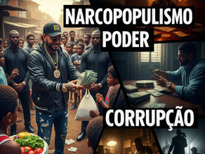 Uma colagem dramática que representa o "narcopopulismo". A imagem justapõe um líder carismático do crime organizado distribuindo ajuda a comunidades pobres, com cenas de violência e corrupção, simbolizando a dupla face deste fenômeno. As palavras em português "Narcopopulismo", "Poder" e "Corrupção" são sobrepostas, reforçando a ideia central do artigo.