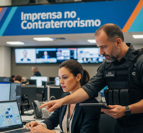 Uma imagem que simboliza a colaboração da imprensa no contraterrorismo. Uma jornalista e um profissional de segurança trabalham lado a lado, em uma sala de notícias, analisando dados em um laptop. O texto 'Imprensa no Contraterrorismo' está sobreposto à imagem, descrevendo a ideia central do artigo.