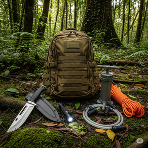 Ilustração de uma mochila tática cercada por equipamentos de sobrevivência na selva, como faca, lanterna LED, filtro de água e corda paracord, em um cenário de floresta densa, destacando a preparação para aventuras em ambientes inóspitos.Ilustração de uma mochila tática cercada por equipamentos de sobrevivência na selva, como faca, lanterna LED, filtro de água e corda paracord, em um cenário de floresta densa, destacando a preparação para aventuras em ambientes inóspitos.