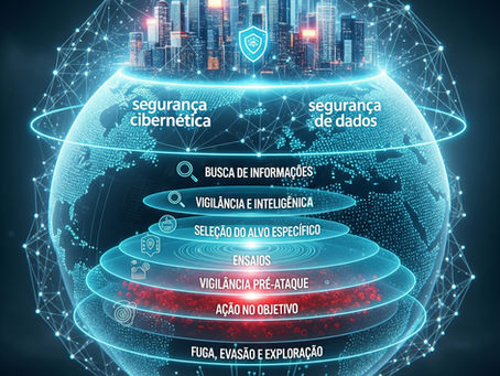 Uma imagem ilustrativa de uma esfera digital sobreposta a uma cidade iluminada, representando segurança cibernética. A esfera contém camadas concêntricas com texto em português, incluindo "segurança de dados", "cibernética", "busca de informações", "vigilância e inteligência", "seleção de alvos específico", "vigilância pré-ataque", "ação no objetivo" e "fuga, evasão e exploração", destacando etapas de um processo de cibersegurança.