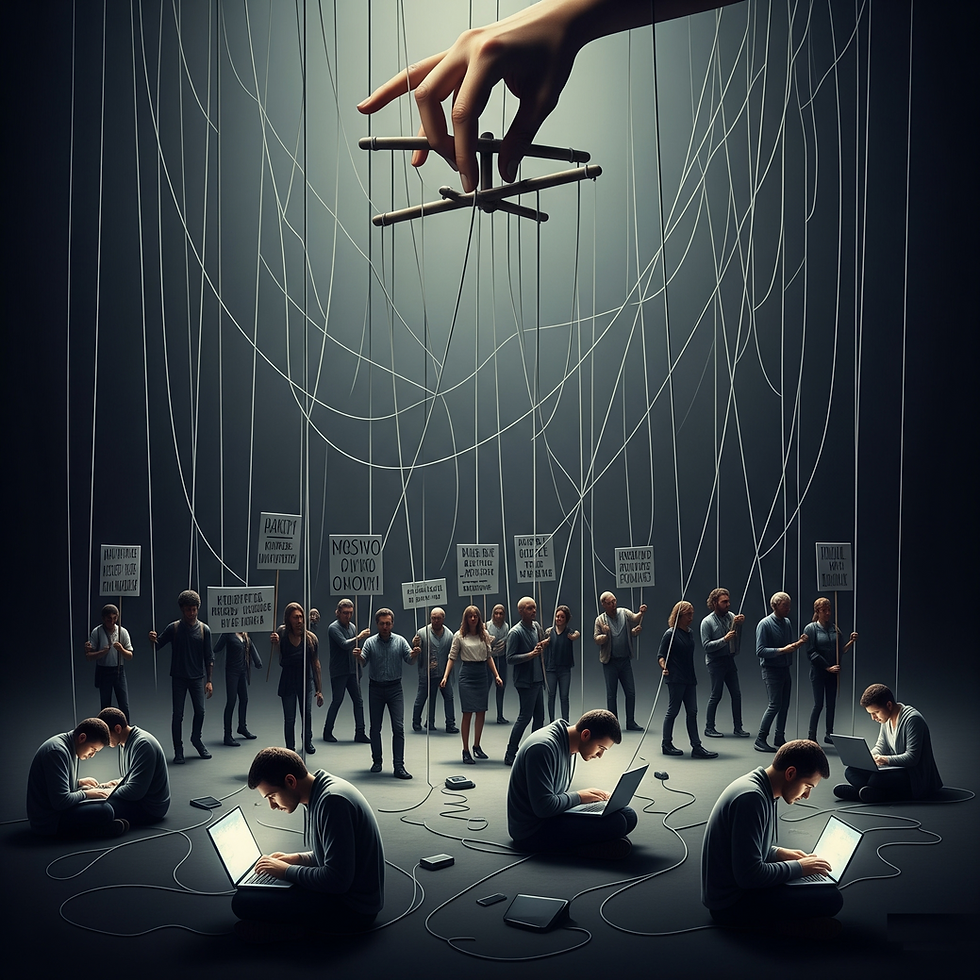 Uma complexa teia de fios de marionete, representando as narrativas programadas, controla figuras humanas que participam de protestos físicos e interações digitais, simbolizando a manipulação de movimentos sociais.