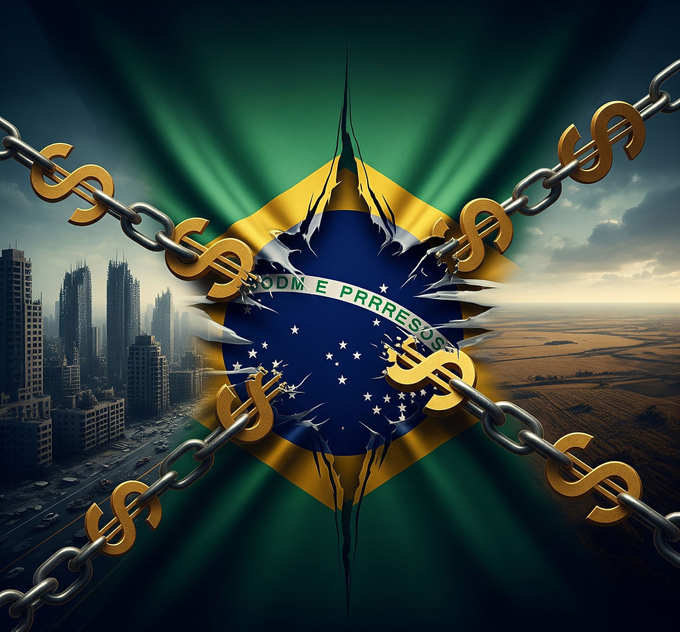 Uma arte digital em estilo dramático e sombrio, retratando a bandeira do Brasil sendo rasgada por correntes em forma de cifrões de dólar. A cidade em ruínas e os campos estéreis no fundo simbolizam a devastação econômica e agrícola, e a paleta de cores escura e dourada transmite uma sensação de urgência e crise