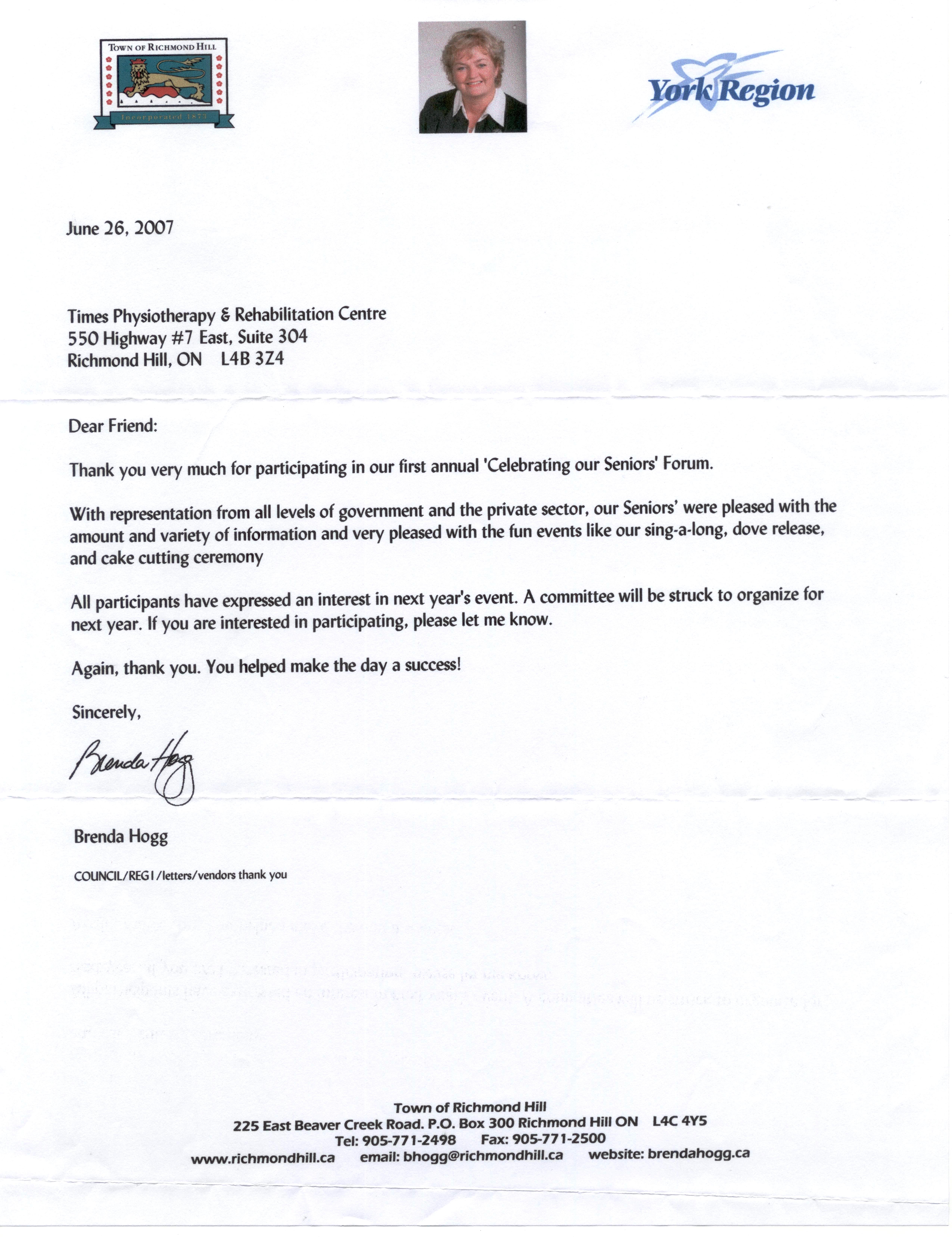 Richmond HIll Seniors' Day Thank You Letter