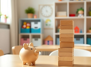 Modern children’s home interior, small wooden piggy bank on center and neatly stacked wood