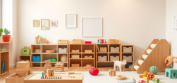 Wide rectangular banner photo, children’s playroom in a nonprofit setting, wooden blocks,