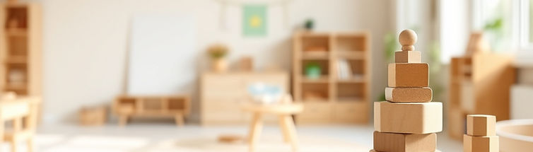 Wide rectangular banner photo, children’s playroom in a nonprofit setting, wooden blocks,