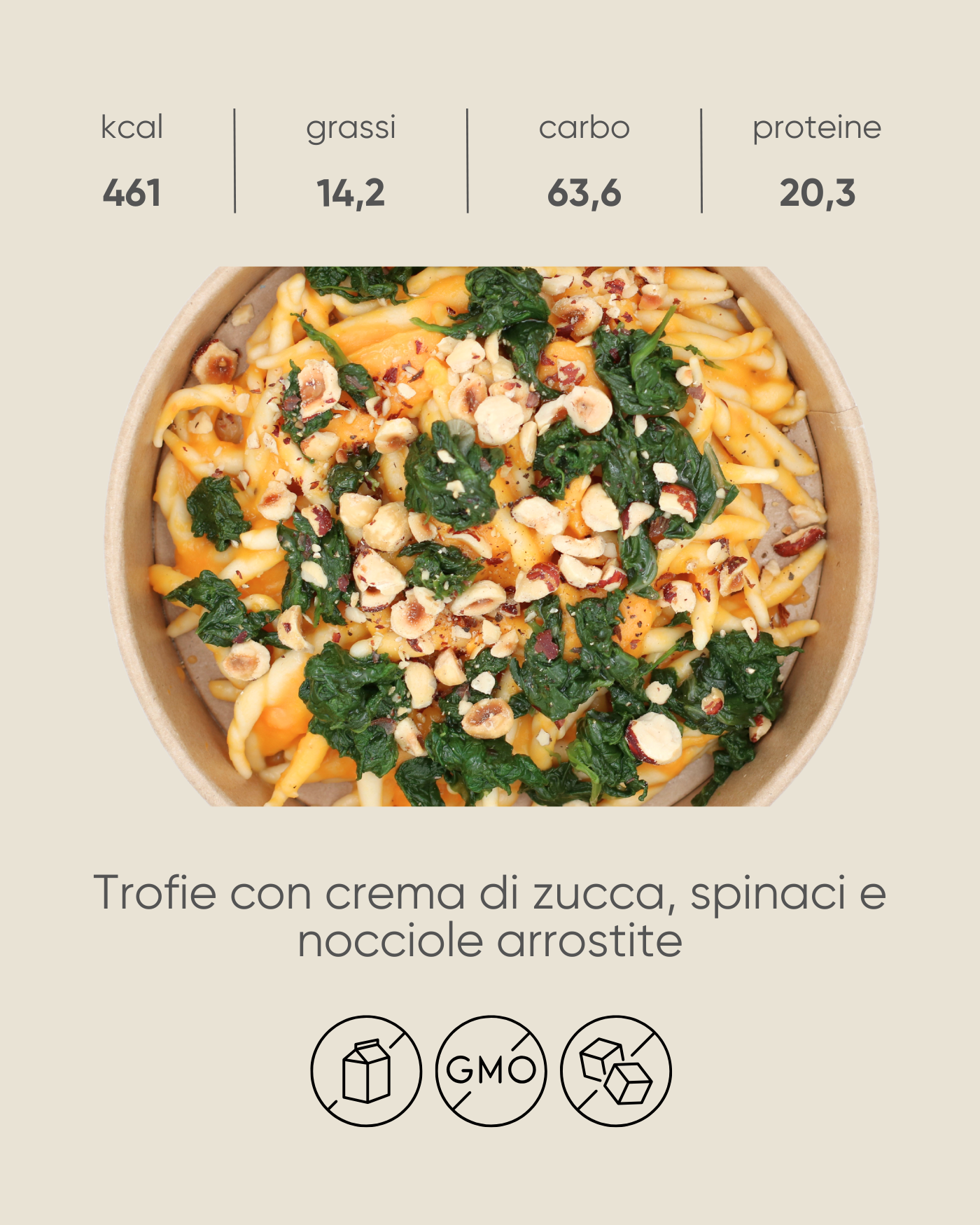 Trofie con crema di zucca, spinaci e nocciole arrostite