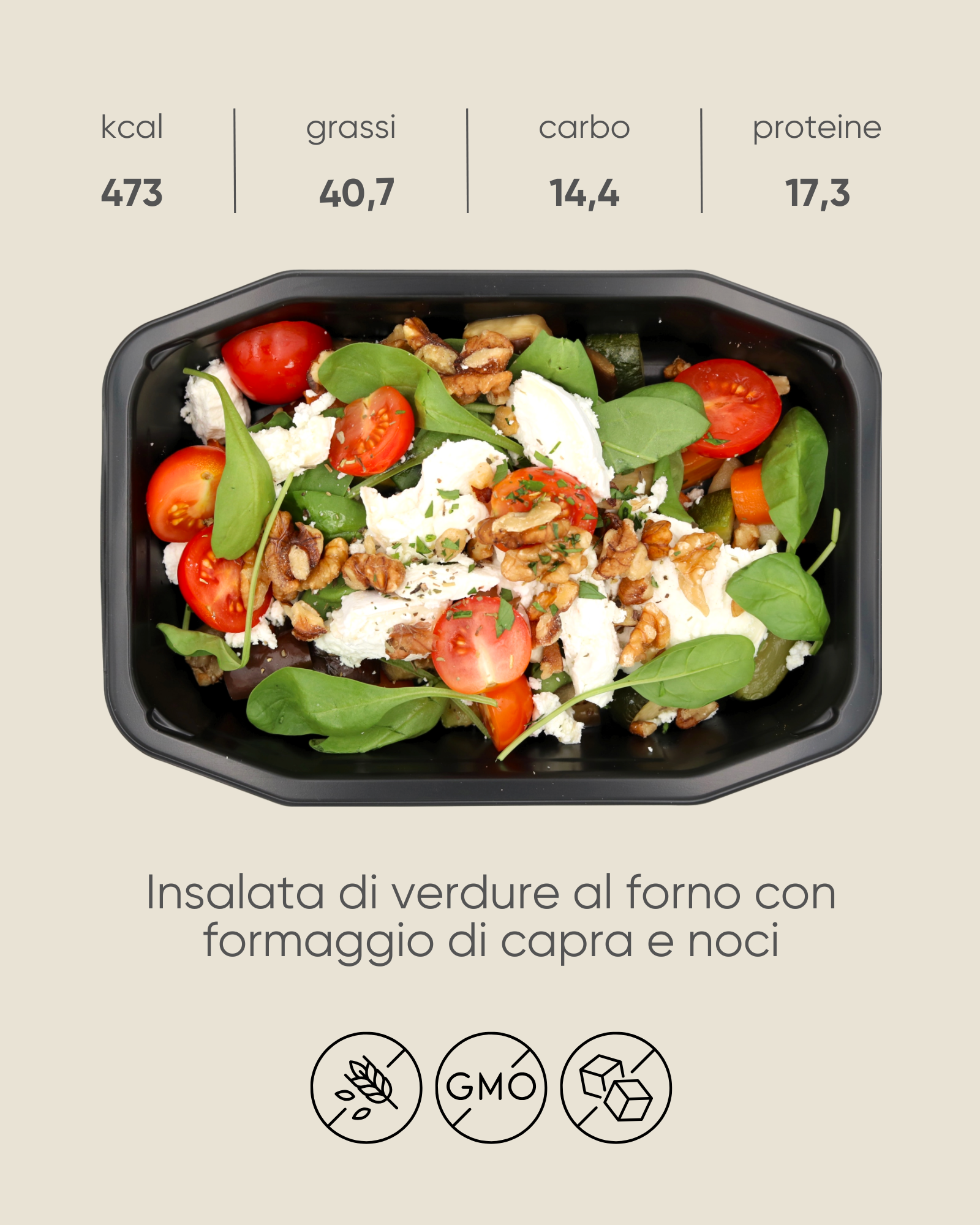 Insalata di verdure al forno con formaggio di capra e noci