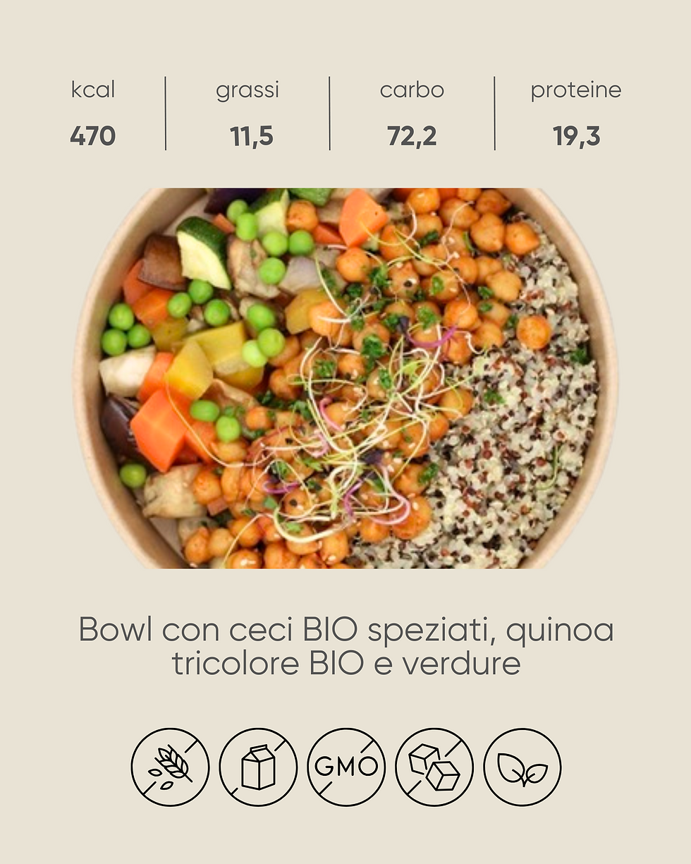 Bowl con ceci BIO speziati, quinoa tricolore BIO e verdure