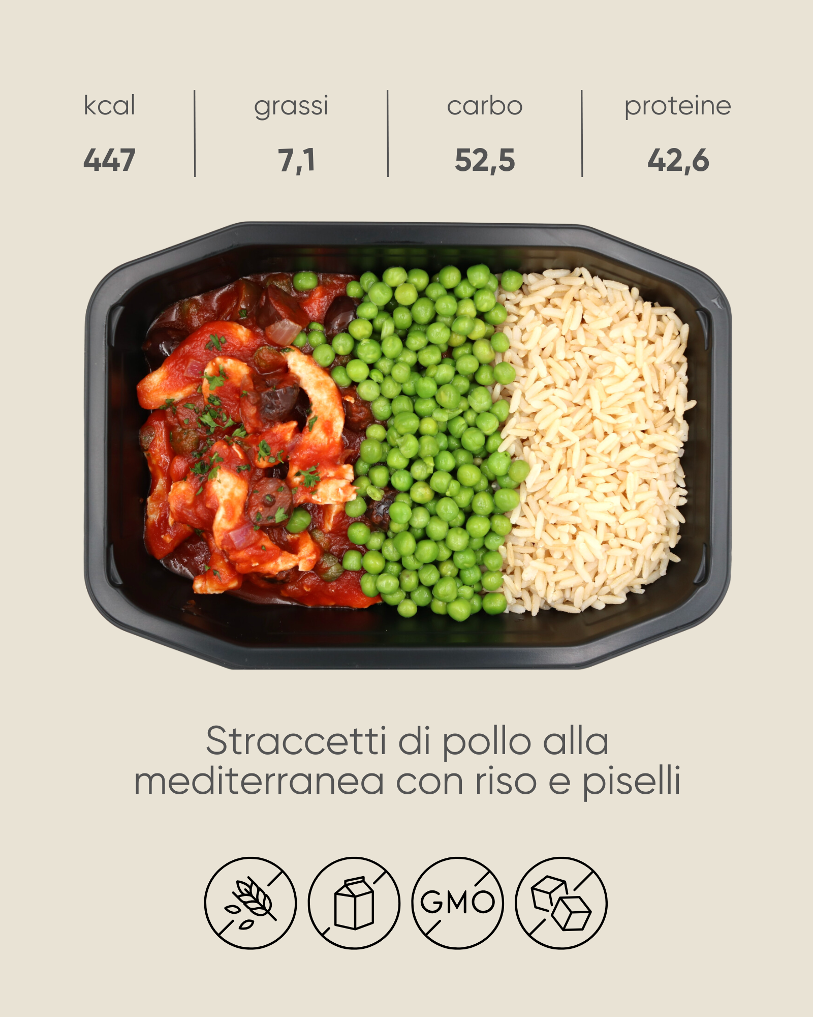 Straccetti di pollo alla mediterranea con riso integrale e piselli