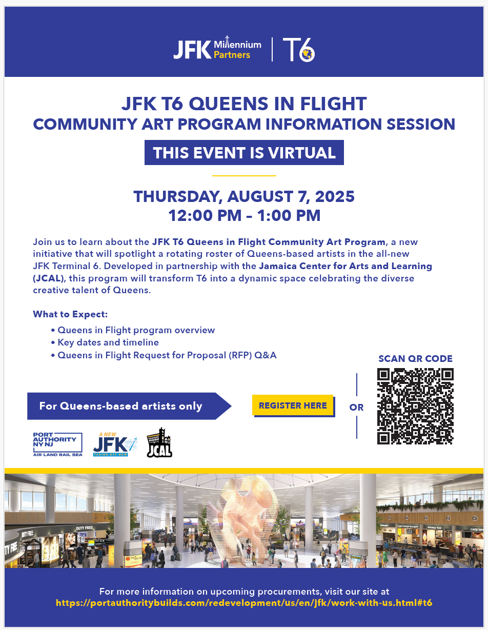 Queens in Flight Open Call flyer https://jcal.submittable.com/submit/331578/queens-in-flight-local-art-program-at-jfk-terminal-6