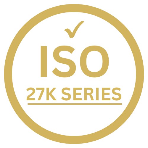 Logotipo oficial de certificação da série ISO 27000, abrangendo os padrões ISO 27001, ISO 27017, ISO 27018 e ISO 27701 para segurança da informação, privacidade e proteção na nuvem