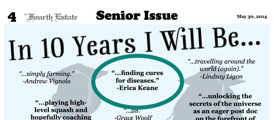 High school yearbook quote from Erica Keane: in 10 years I will be finding cures for diseases