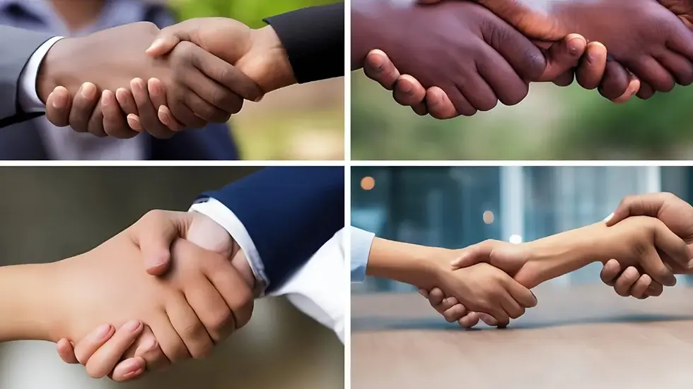 Quatro imagens de apertos de mão entre pessoas de diferentes etnias e ambientes. Fundo desfocado, simbolizando diversidade e união.