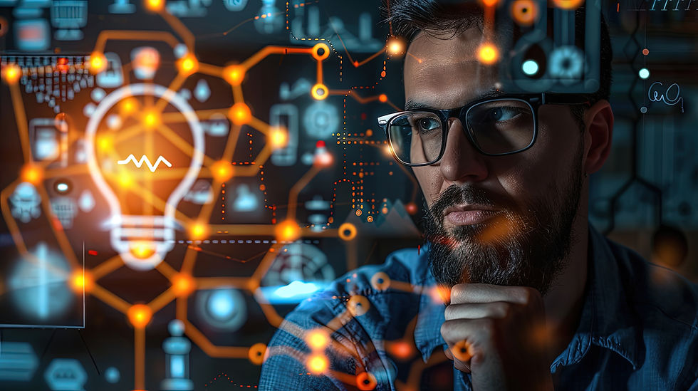 Homem de óculos observa interface digital com ícone de lâmpada e linhas laranja, em clima tecnológico e concentrado.