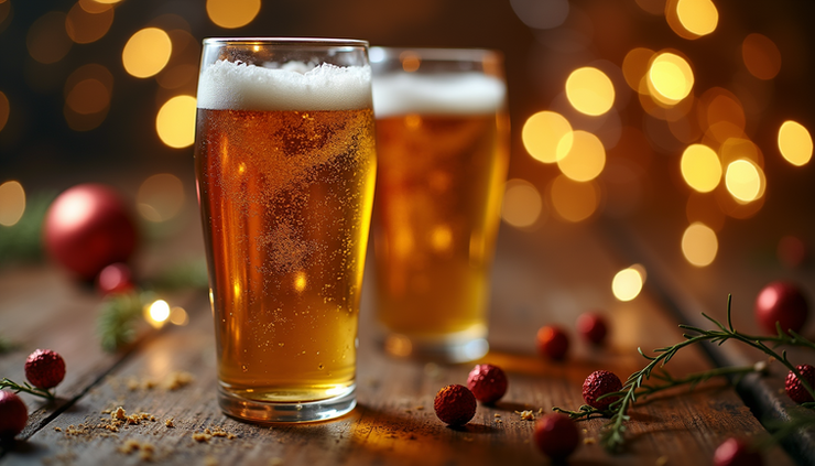 Close-up view of a Moonlyte Brewing Co. beer glass with festive New Year's decorations in the background