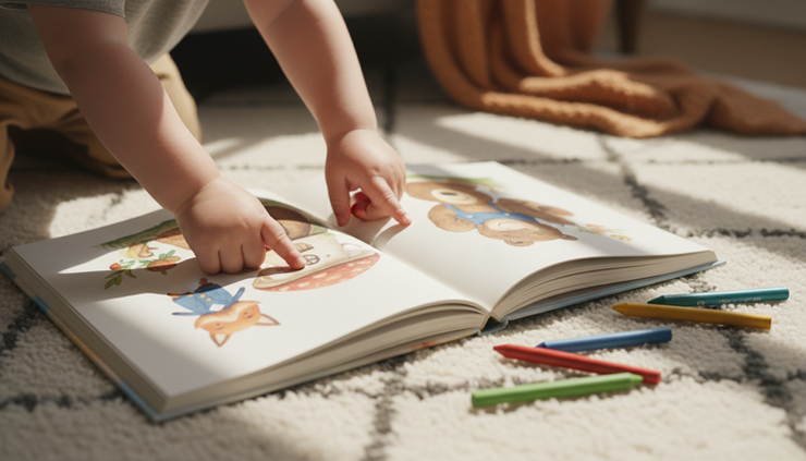 Close-up of small hands pointing to animals in an illustrated storybook