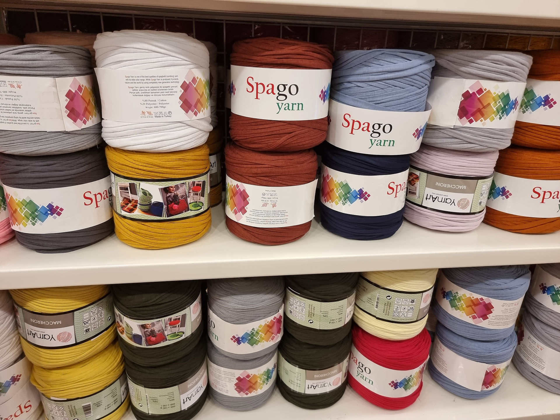 A close-up of Spago yarn on a shelf