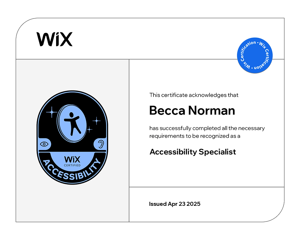Wix accesibility specialist certificate for Becca Norman