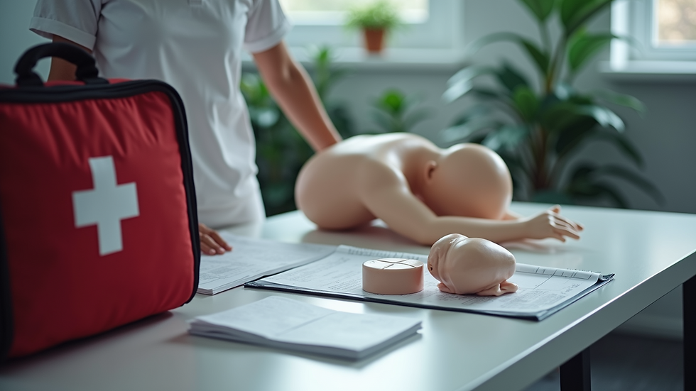 Close-up view of a CPR training kit laid out on a table