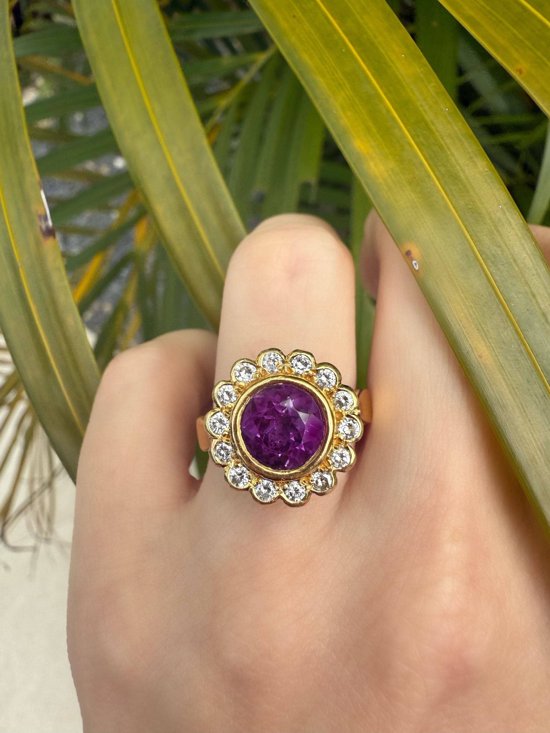 18ct yellow gold amethyst diamond halo ring
