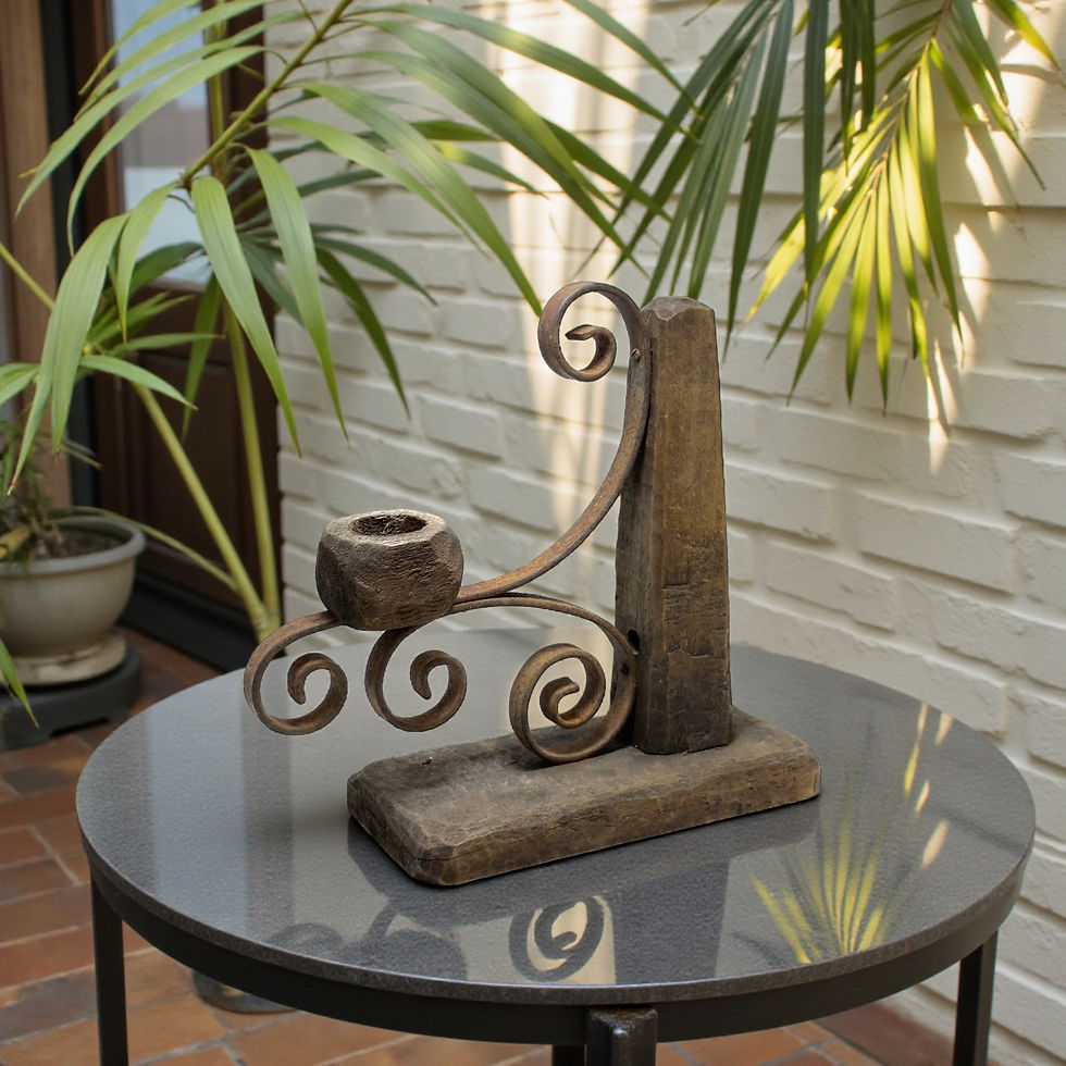 サムネイル： Antique Victorian Carved Wood Wrought Iron Scroll Candlestick Lamp 23cm