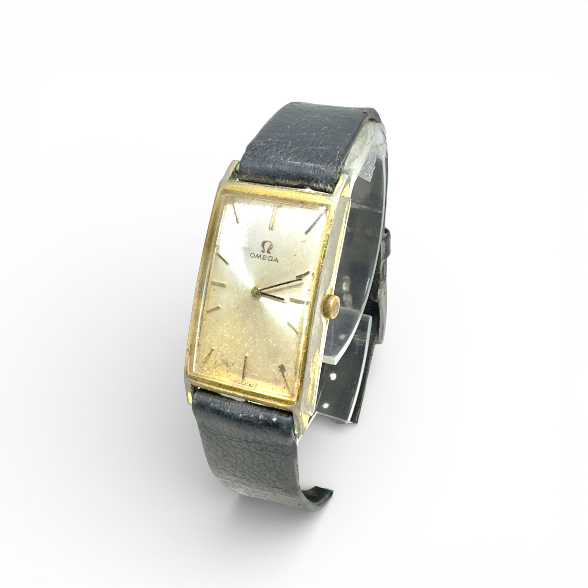 Vintage Omega Rectangular Tank Dress Watch Gold Case Running 34x23mm