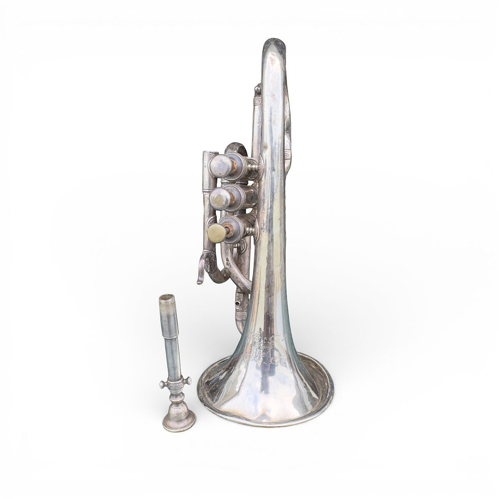 Miniatura: Antique 1800s J Wallis & Son Silver Plated Engraved Cornet in Case 30cm