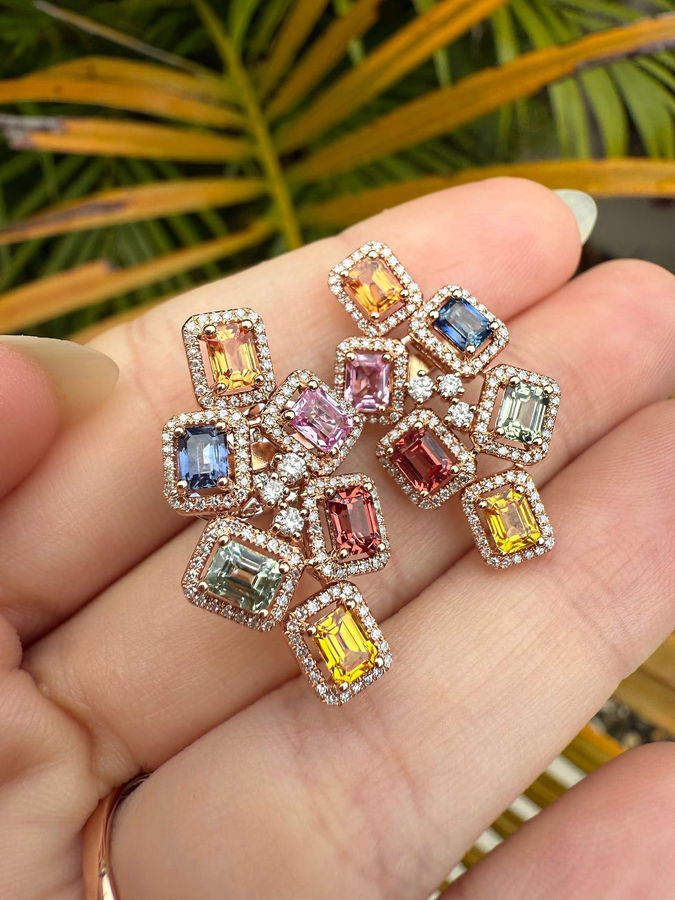 Thumbnail: Multi Color Sapphire & Diamond Earrings in Rose Gold