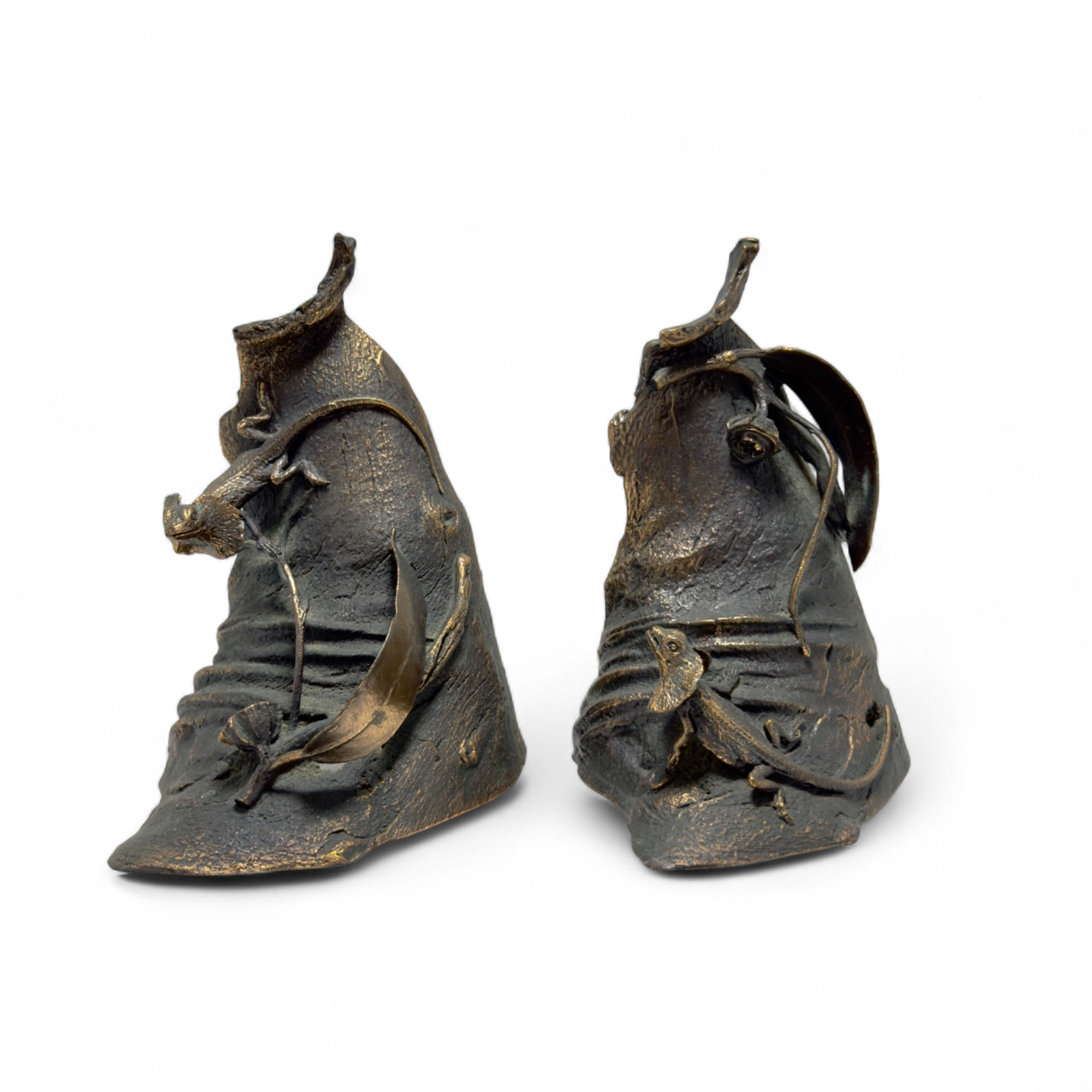 Vintage Signed Bronze Lizard Bookends Sculpture