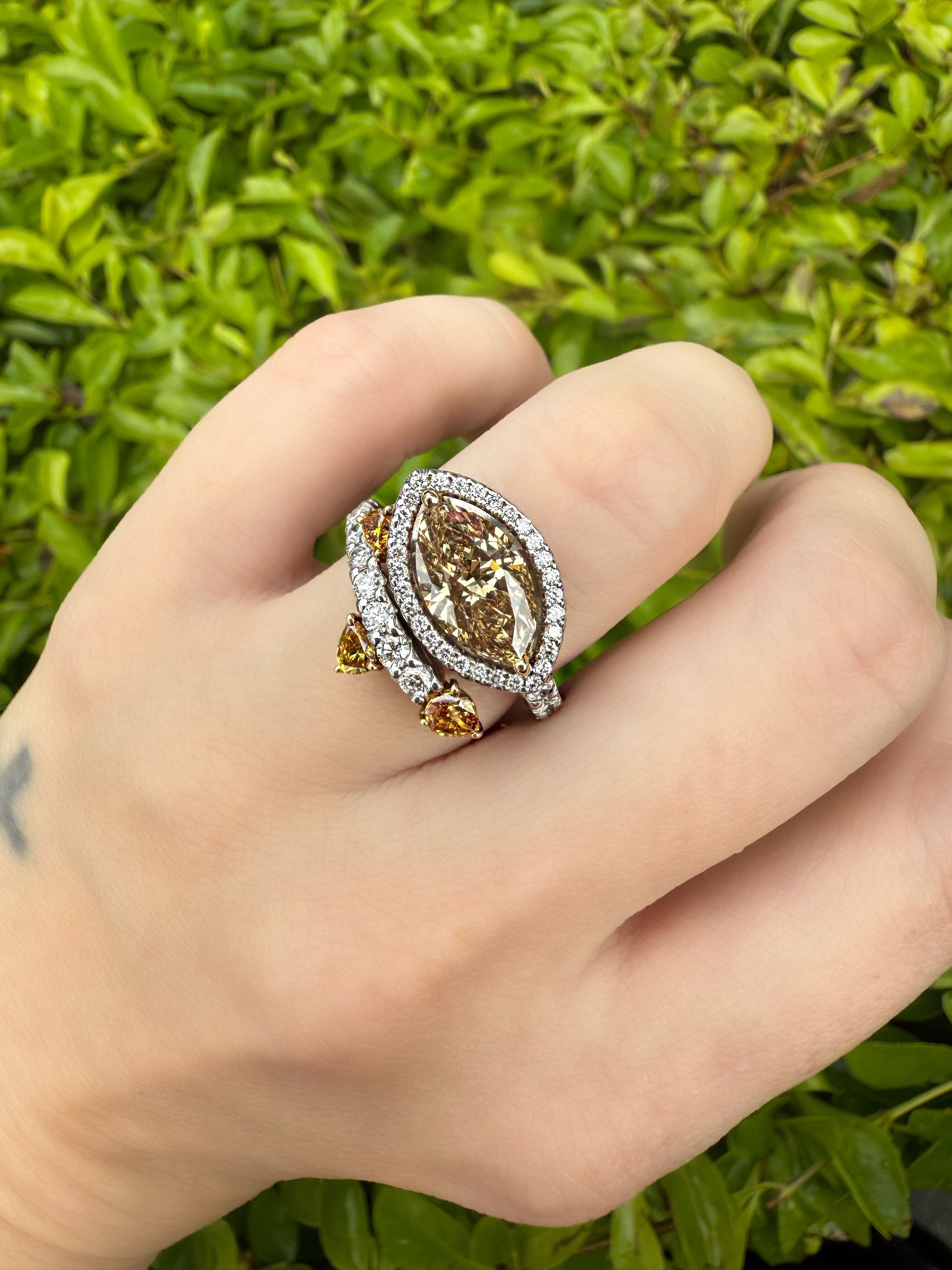 2.02ct cognac diamond .39ct yellow diamond .80ct white diamond ring 
