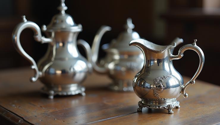 Eye-level view of antique silver tea set with visible hallmarks on the base