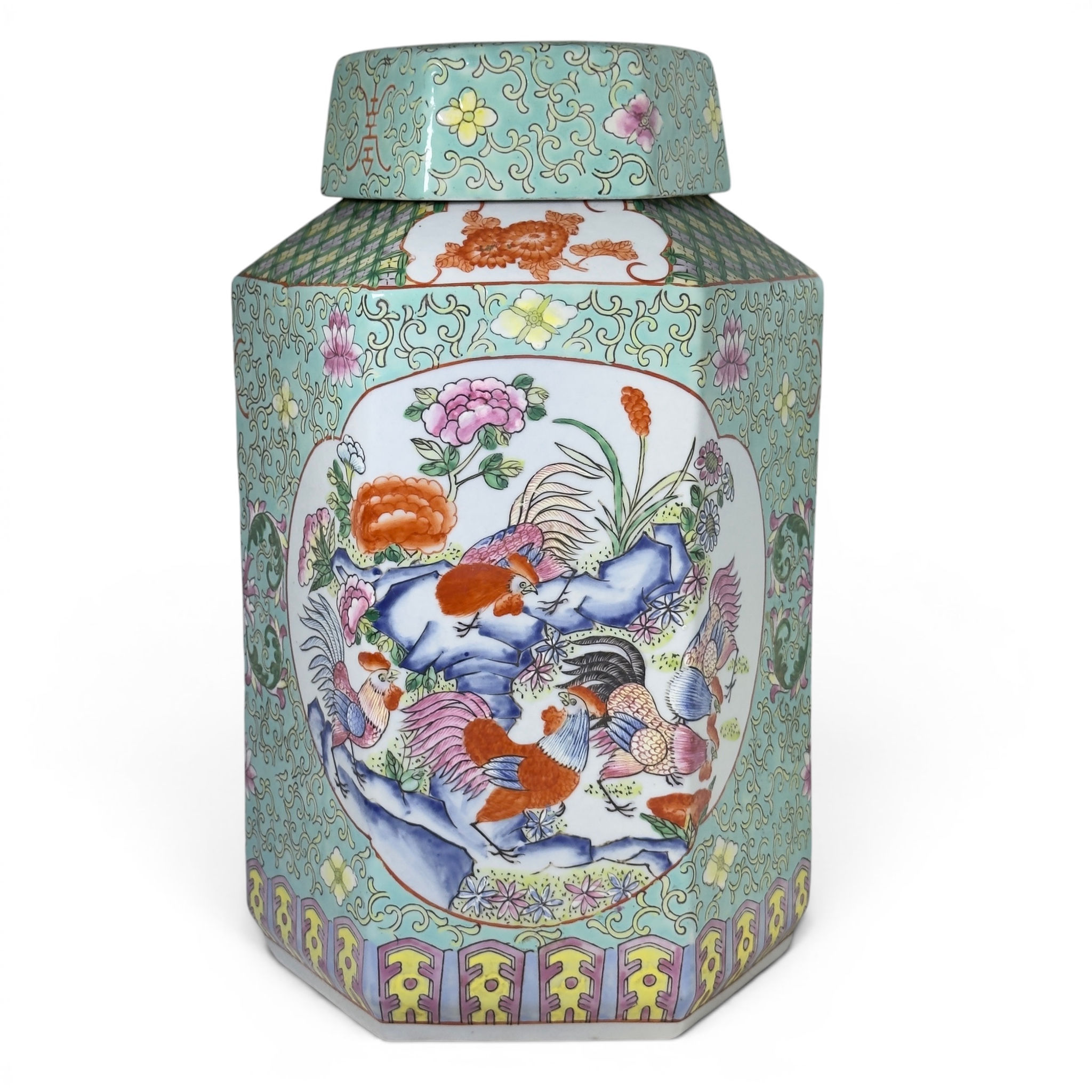 Large Chinese Famille Rose Hexagonal Lidded Jar 34cm