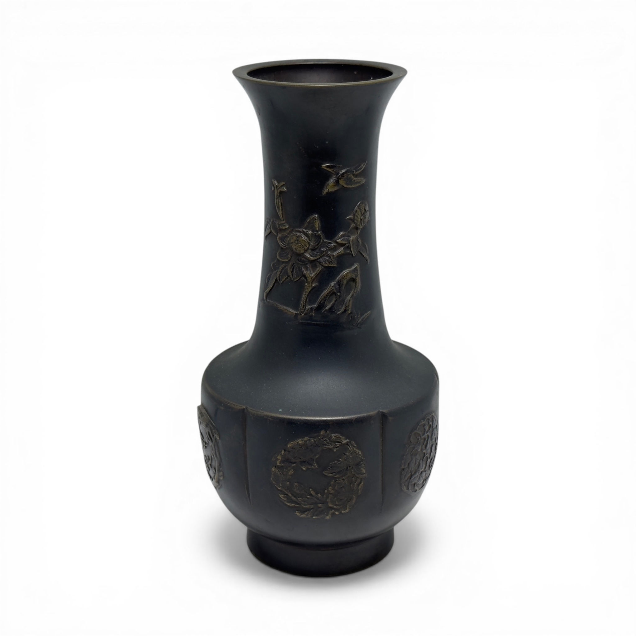 Meiji Period Japanese Bronze Vase Floral Motif
