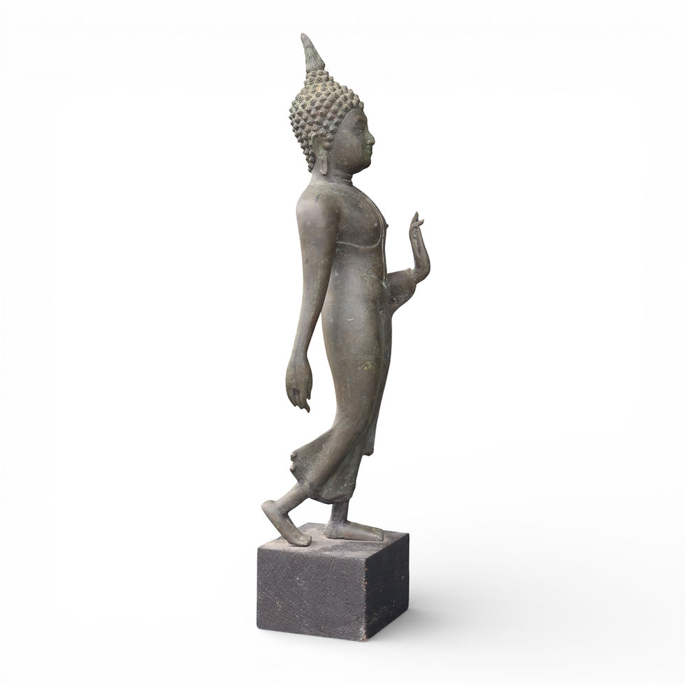 Miniature : Vintage Thai Sukhothai Style Bronze Walking Buddha Statue Wood Base 43.5cm