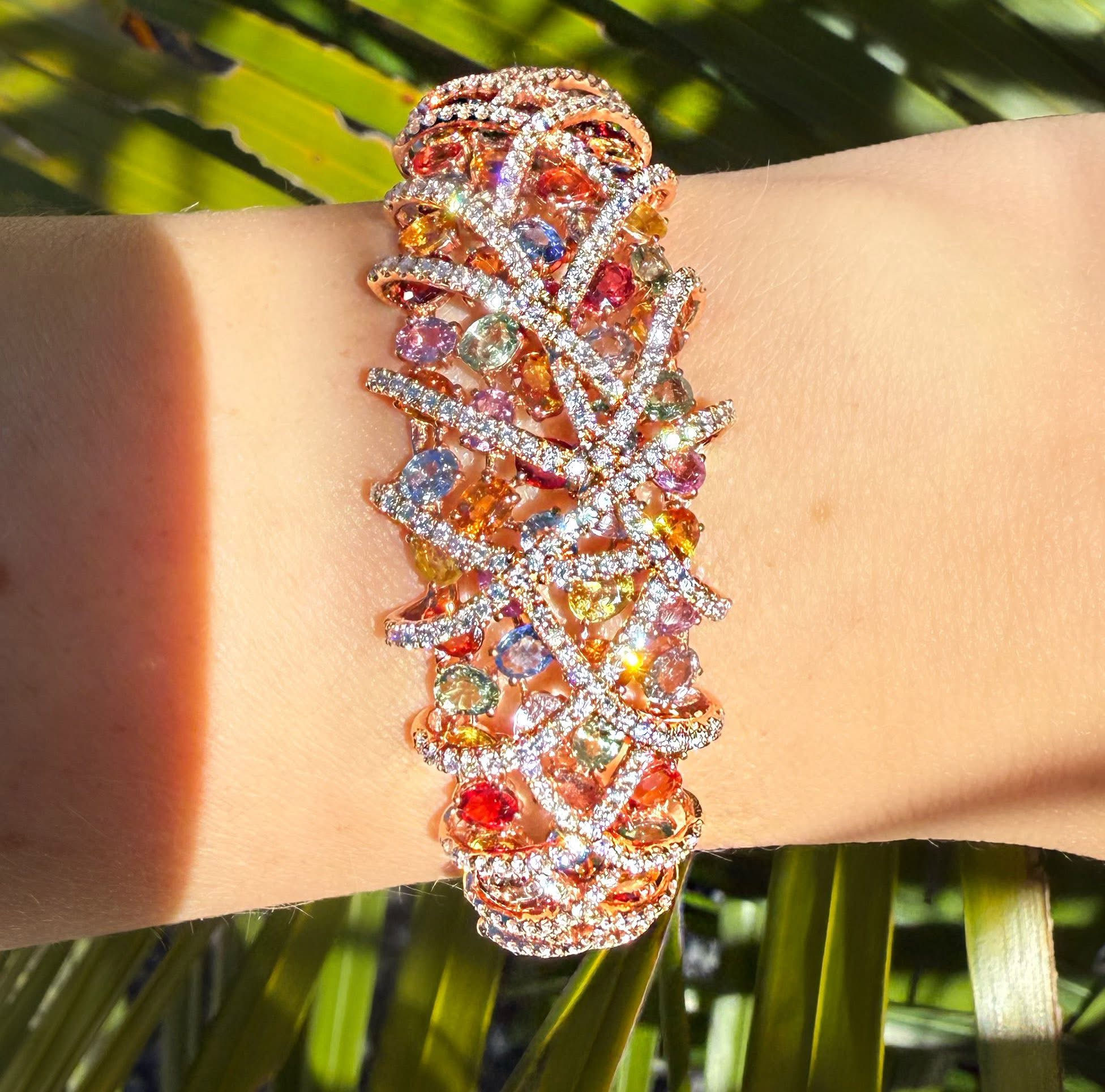 Multi Color Sapphire Diamond Bangle in Rose Gold