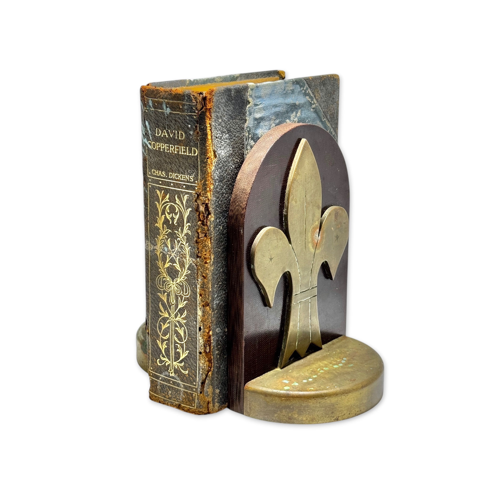Vintage Bronze Wood Bookends Fleur de Lis