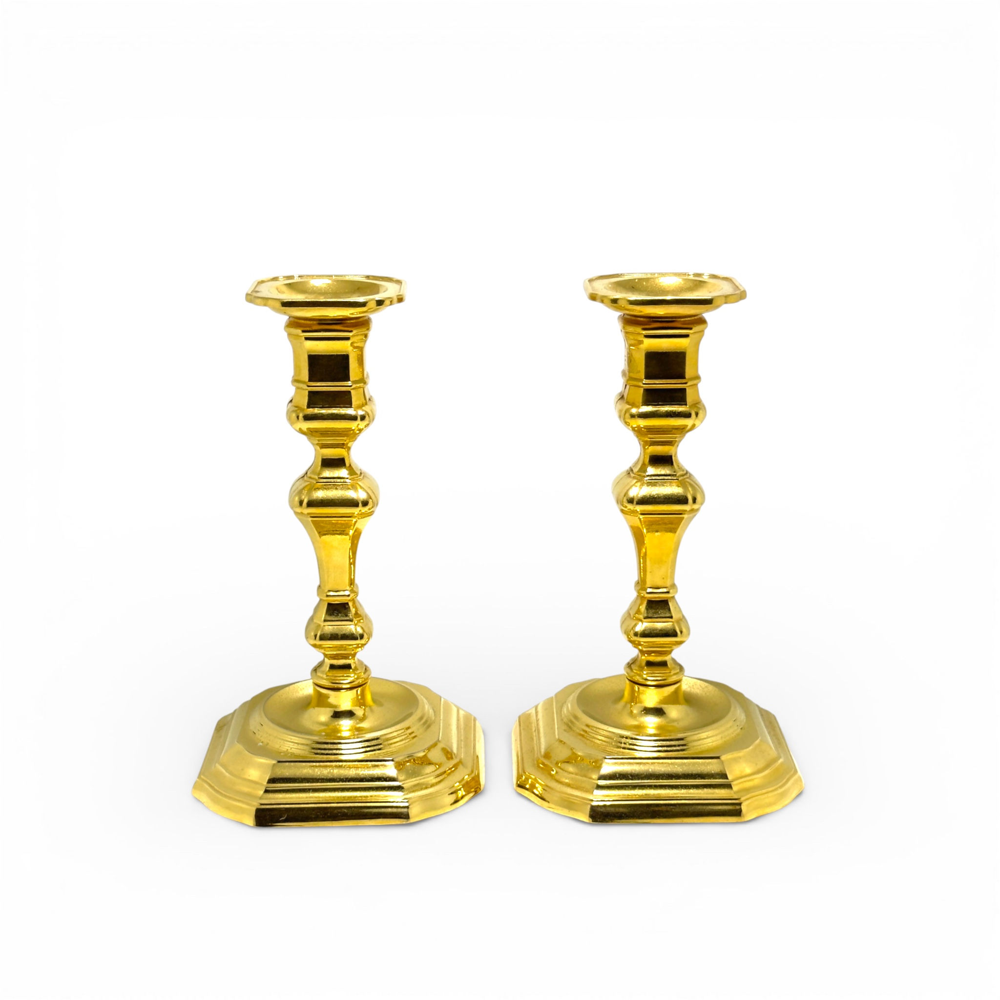 Vintage German Gold Gilt Brass Candlesticks Pair Octagonal Base 17.5cm