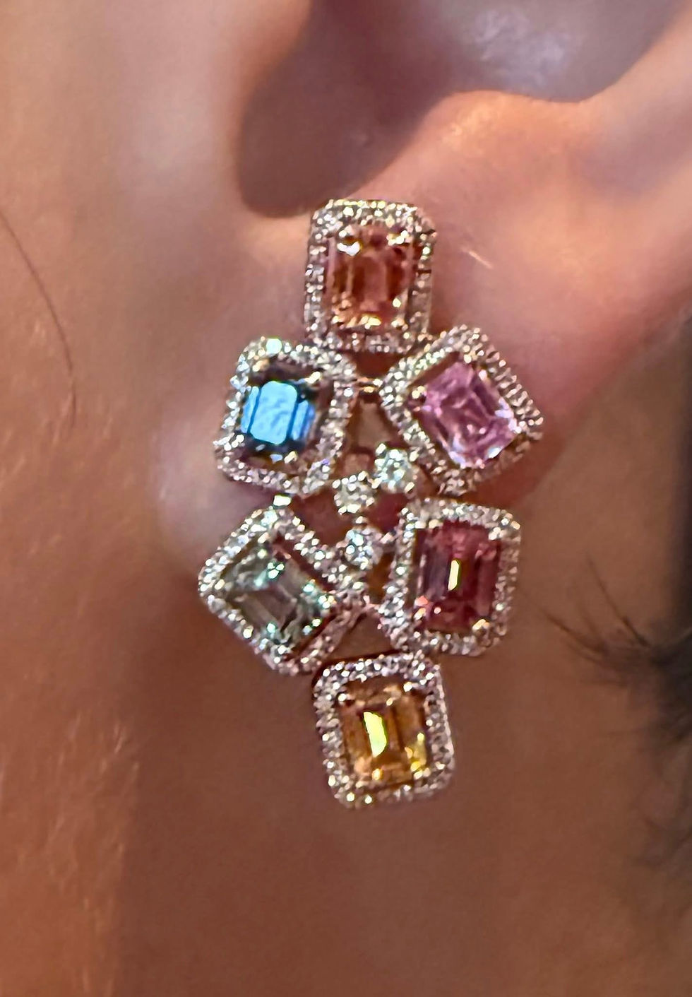 Thumbnail: Multi Color Sapphire & Diamond Earrings in Rose Gold