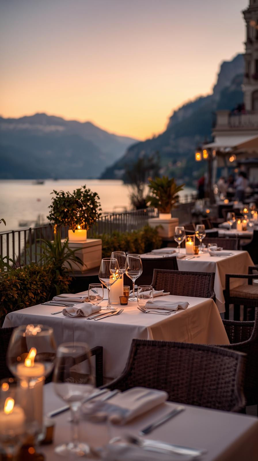 Vertical photo of an elegant terrace on the Swiss Riviera, with view over the lake and mou