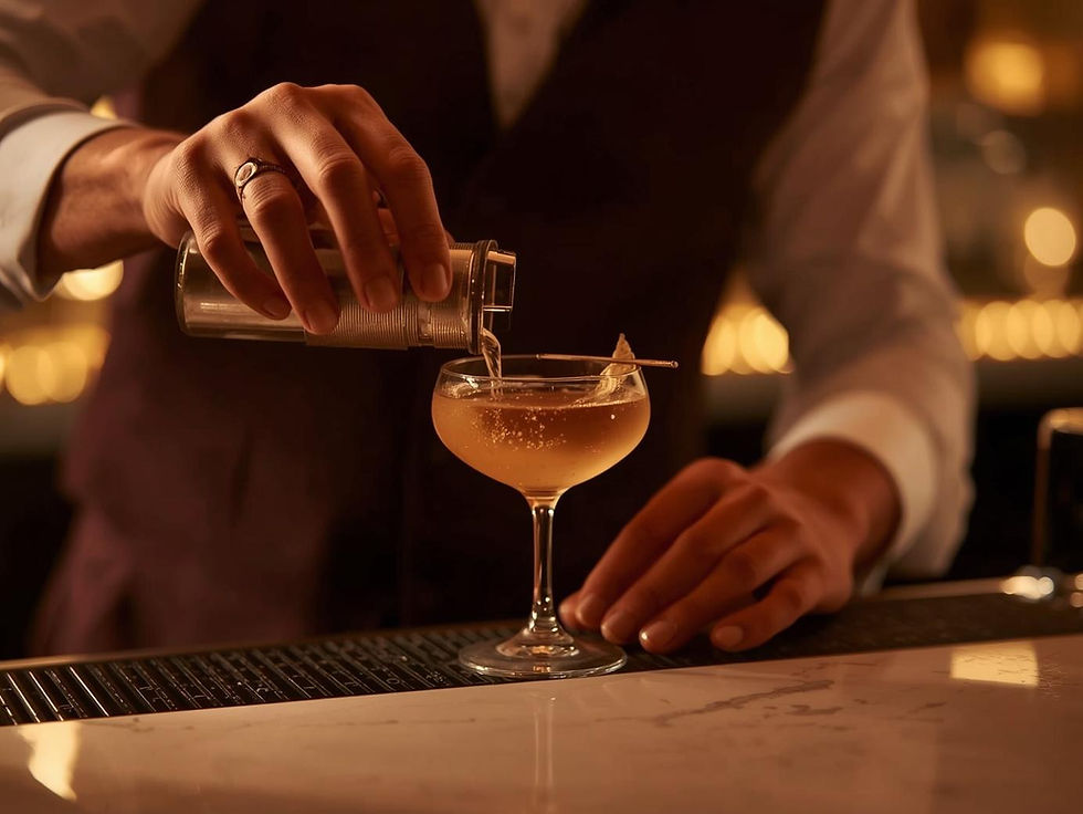 Editorial close-up of a bartender's hands crafting a champagne-toned signature cocktail at