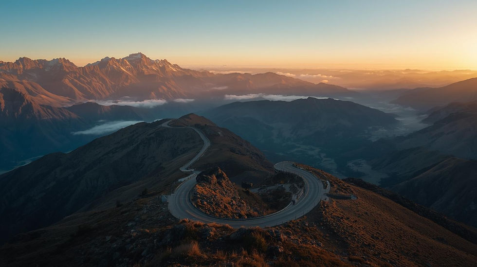 A cinematic wide-angle photograph of a winding mountain road in the high Andes at golden h