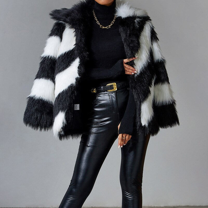 Thumbnail: Black Faux Rabbit Fur Coat for Women