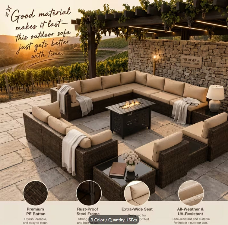Miniatura: 15pcs Black/Brown Wicker Rattan Sectional with Firetable