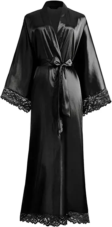 Thumbnail: Silk Satin Lace Long Bath Robe