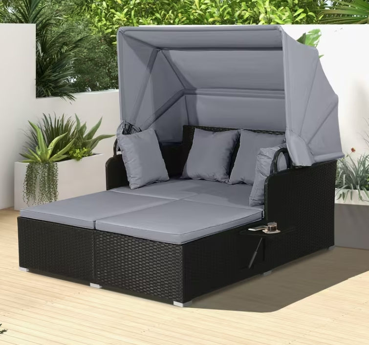 Miniatura: COSTWAY Patio Rattan Daybed Lounge Retractable Top Canopy w/Side Tables